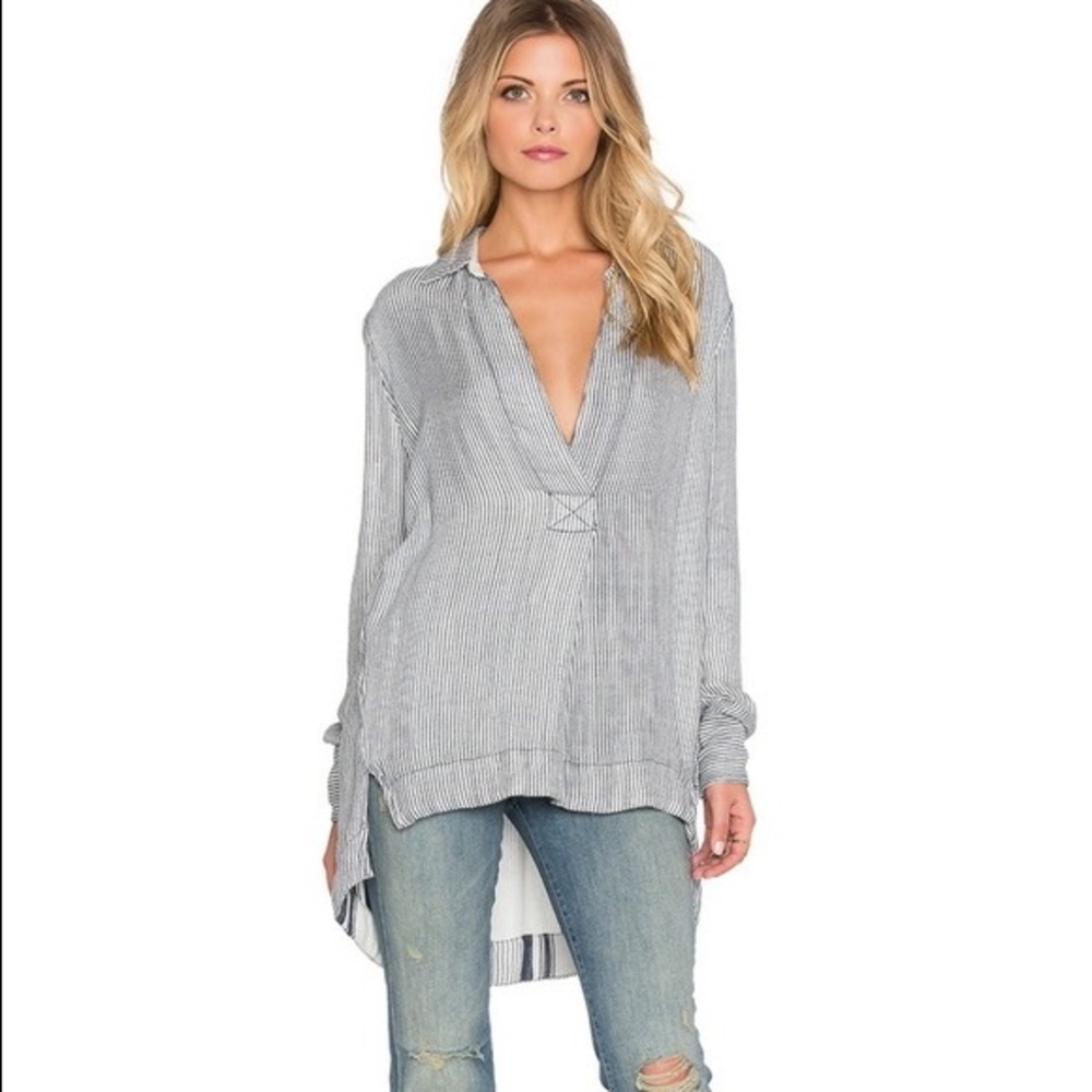 Free People Beige long sleeve stripped oversized blouse